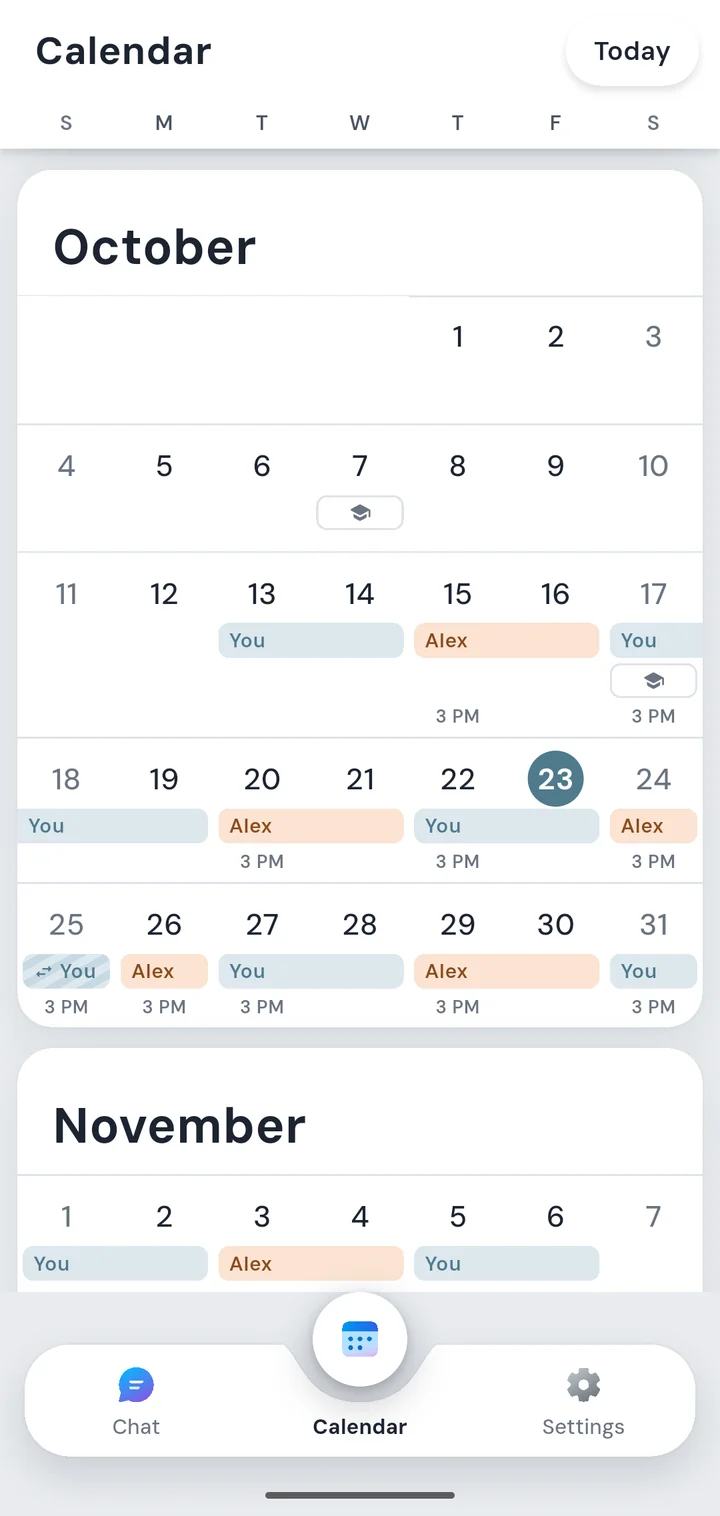 The calendar: whose days each day is, handoff times and school days off.