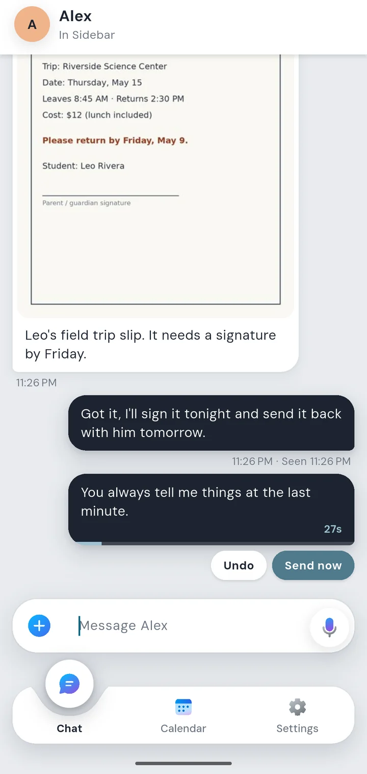 A message waiting to send, with Undo and Send now.