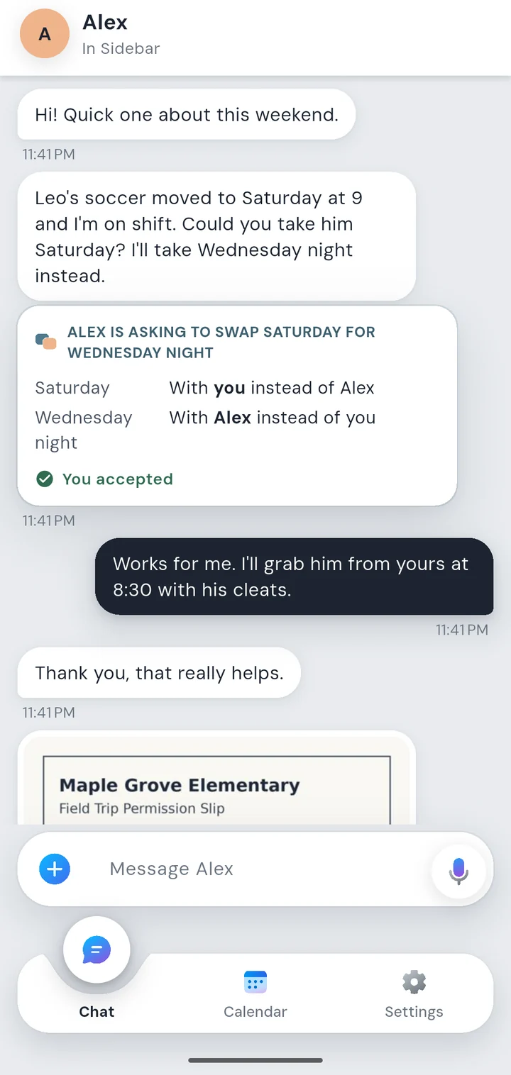 Sidebar's thread: Alex asks to swap Saturday, Sam has accepted, and they've sent a field trip form.